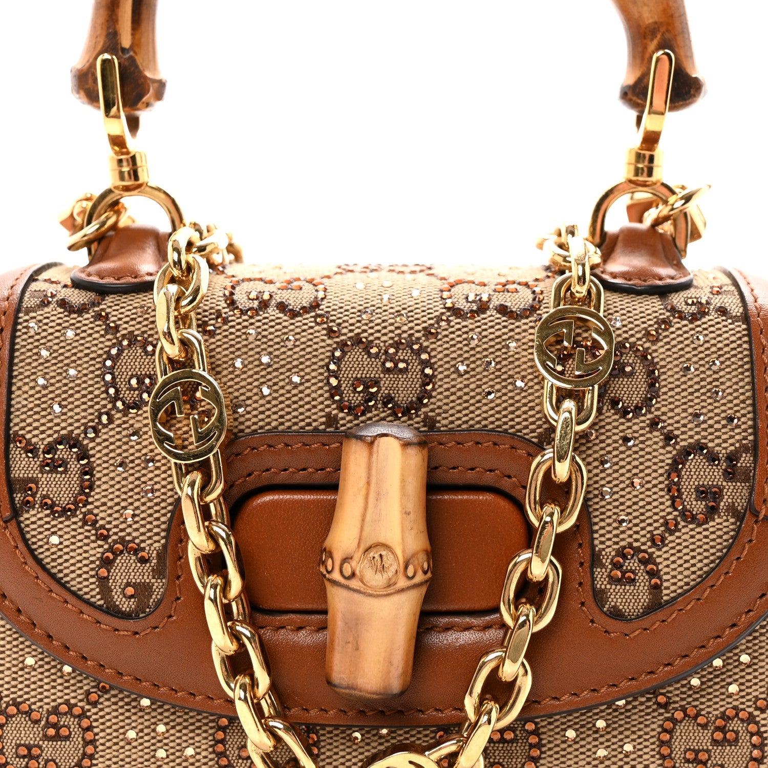 New Canvas Charisma Calfskin Crystal GG Monogram Small Bamboo 1947 Top Handle Bag Camel Ebony
