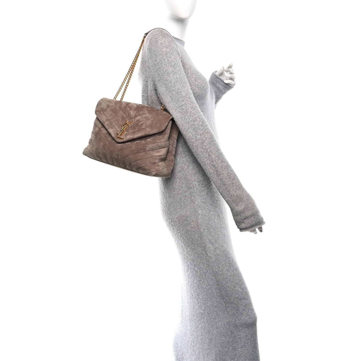 Suede Y Quilted Monogram Medium Loulou Chain Satchel Taupe