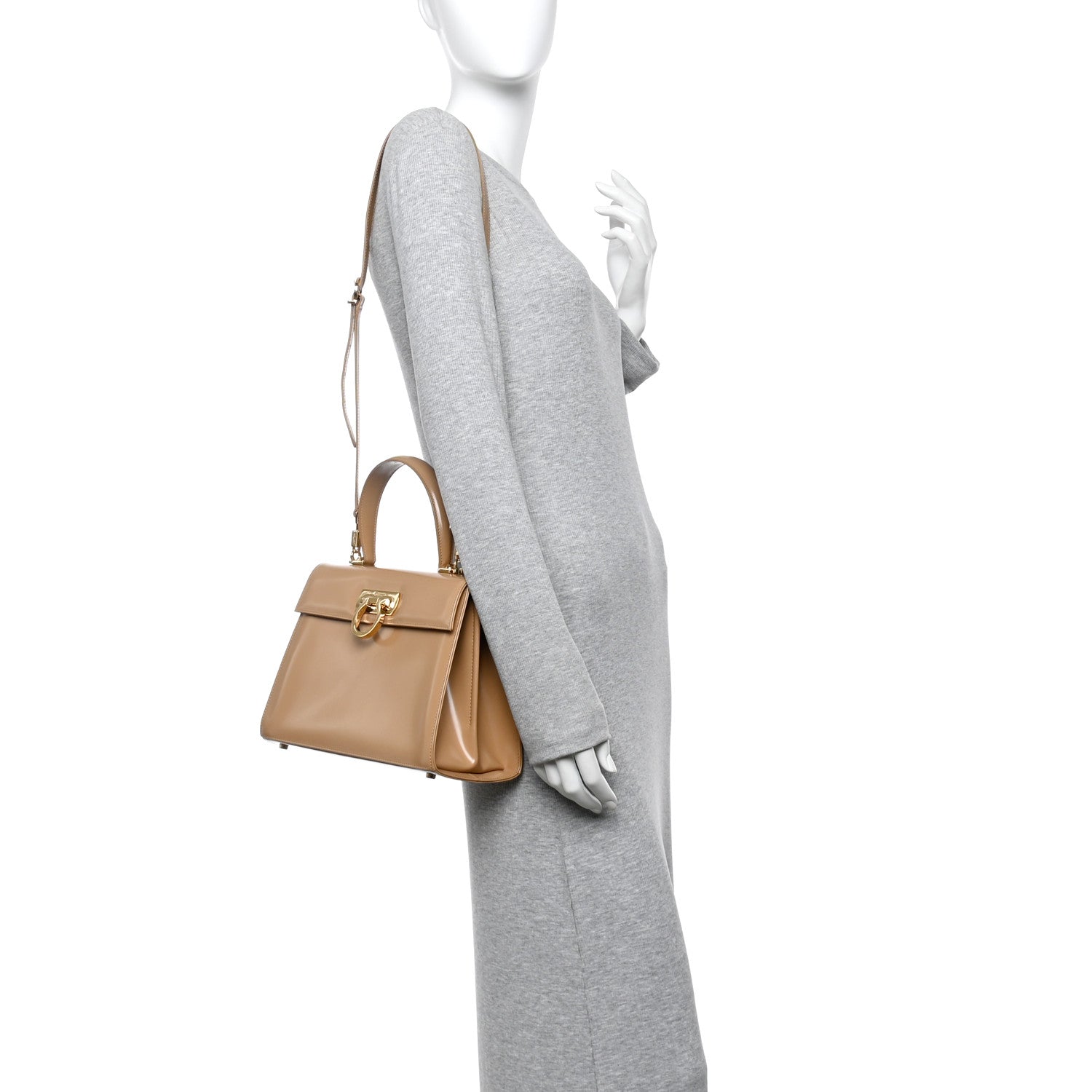 Brushed Off Calfskin Iconic Large Top Handle Bag Camel