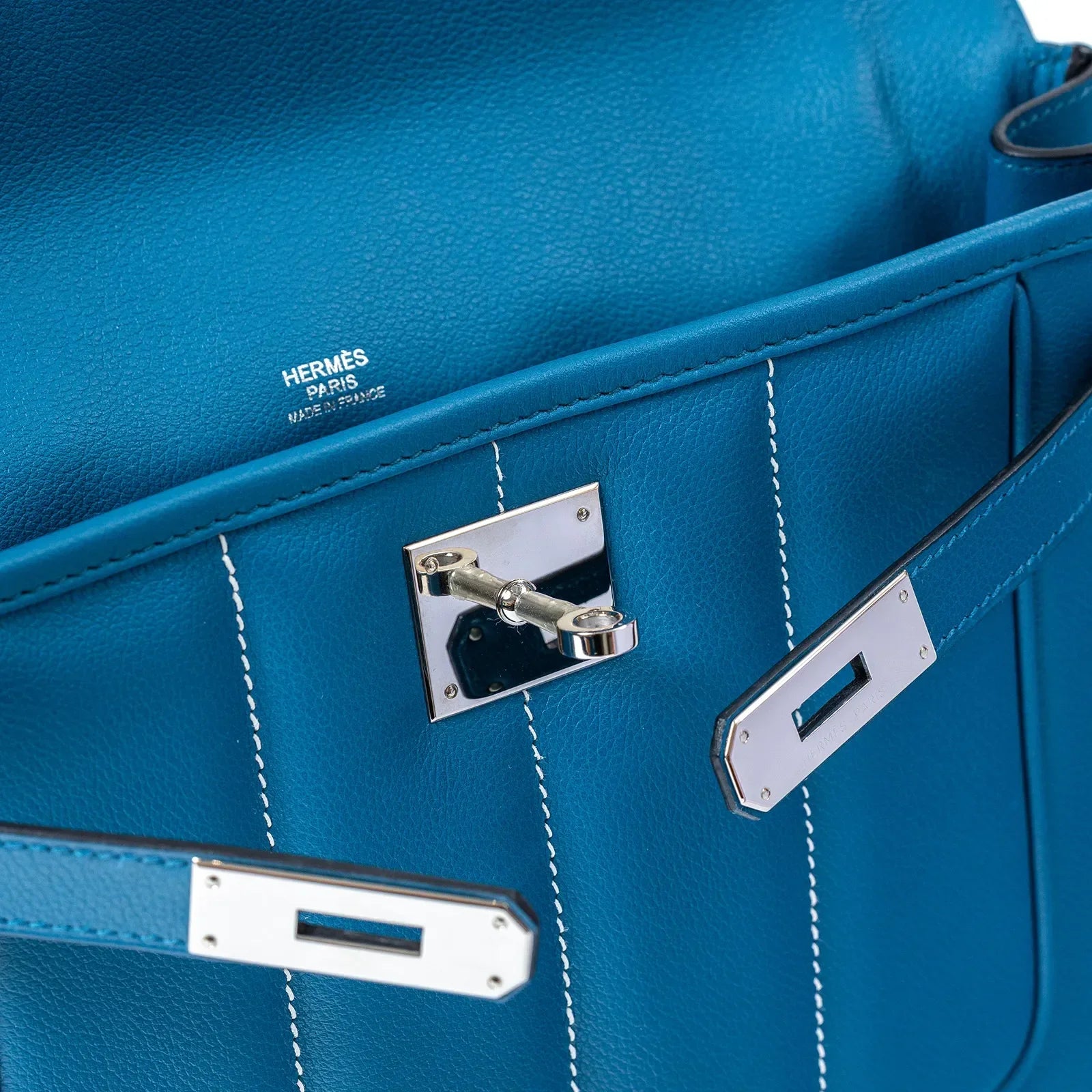 Hermès Berline 28 Blue Evercolor Palladium Hardware