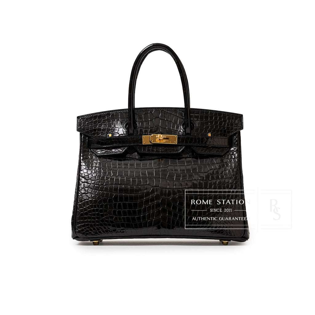 Hermès Birkin 30 Black Shiny Porosus Crocodile Gold Hardware