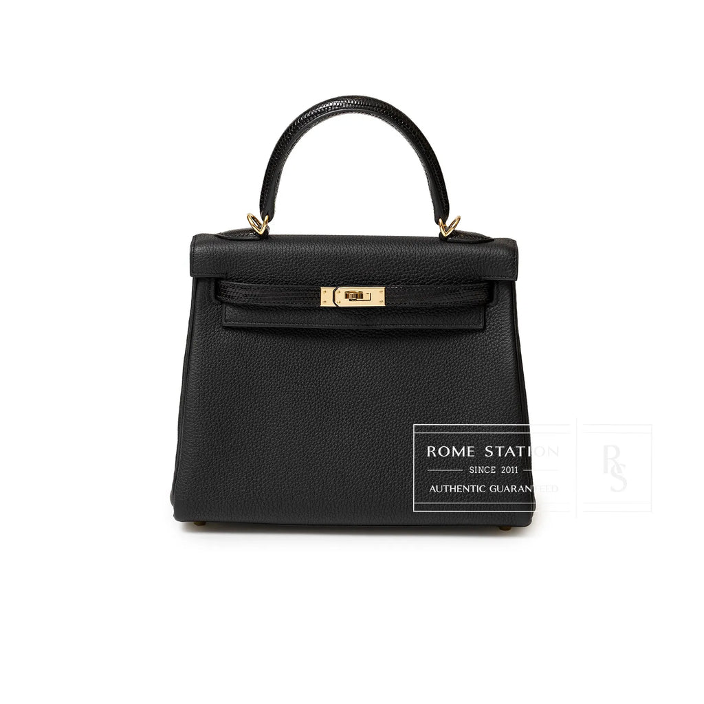 Hermès Kelly 25 Retourne Black Touch Togo/Lizard Permabrass Hardware