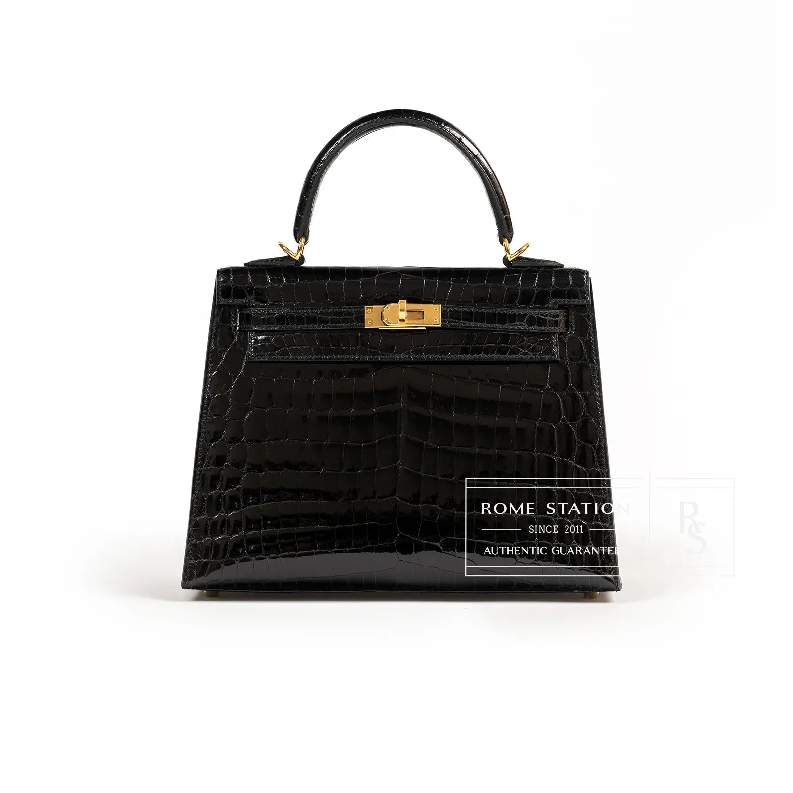 Hermès Kelly 25 Sellier Black Shiny Niloticus Crocodile Gold Hardware