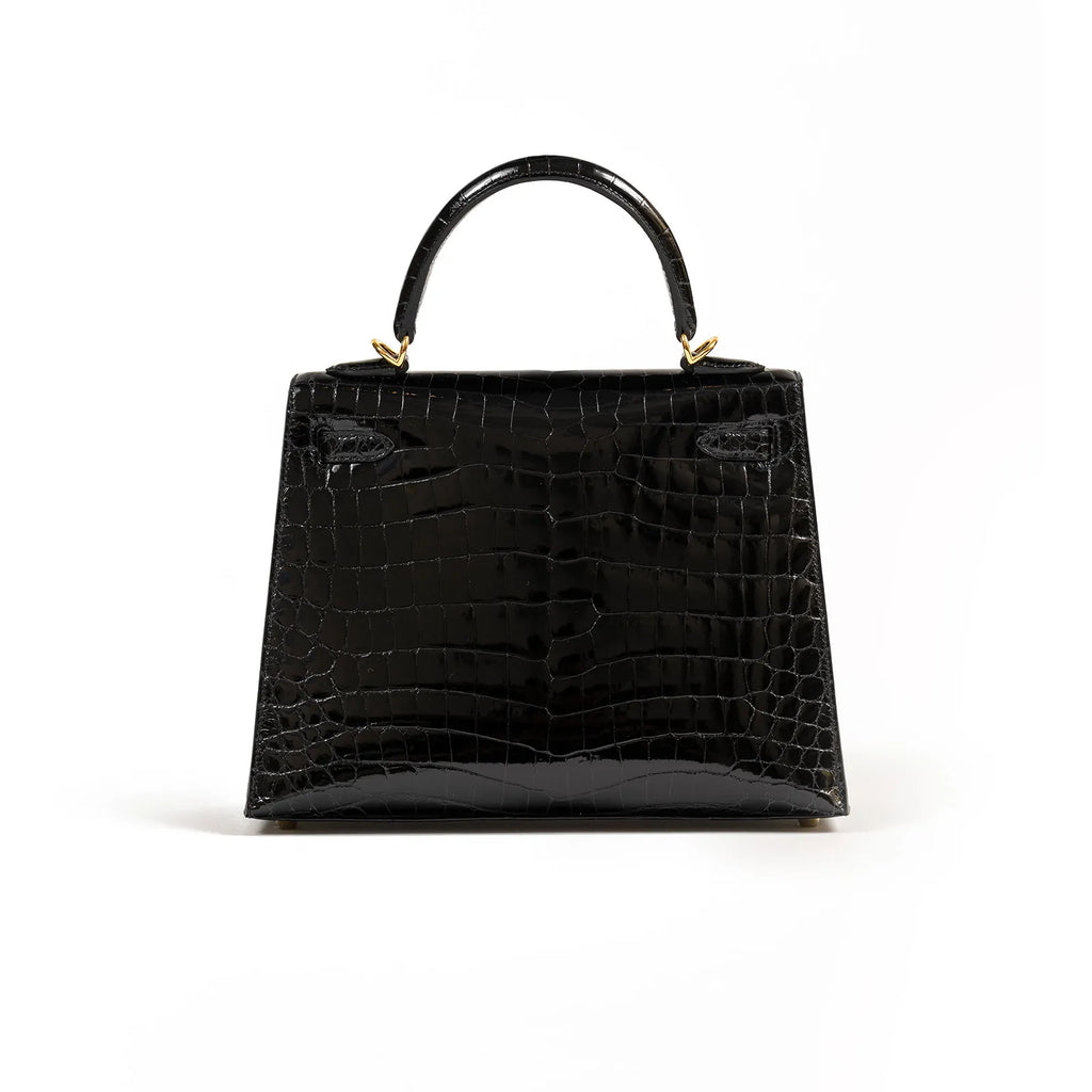 Hermès Kelly 25 Sellier Black Shiny Niloticus Crocodile Gold Hardware