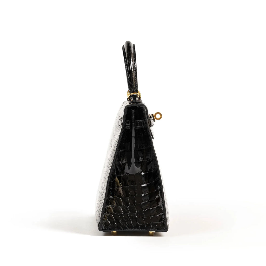 Hermès Kelly 25 Sellier Black Shiny Niloticus Crocodile Gold Hardware