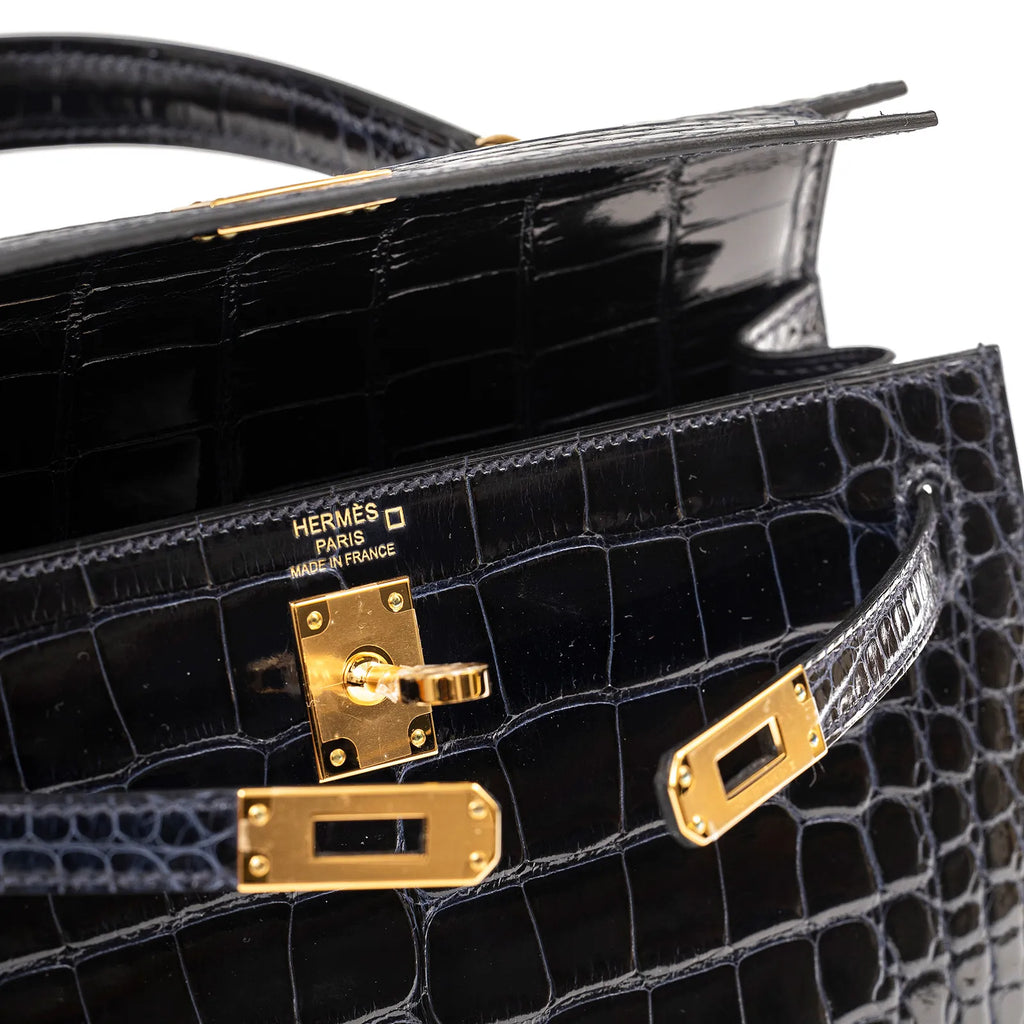 Hermès Kelly 25 Sellier Blue Marine Shiny Alligator Gold Hardware