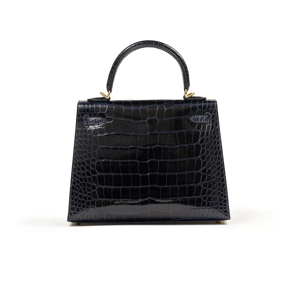 Hermès Kelly 25 Sellier Blue Marine Shiny Alligator Gold Hardware