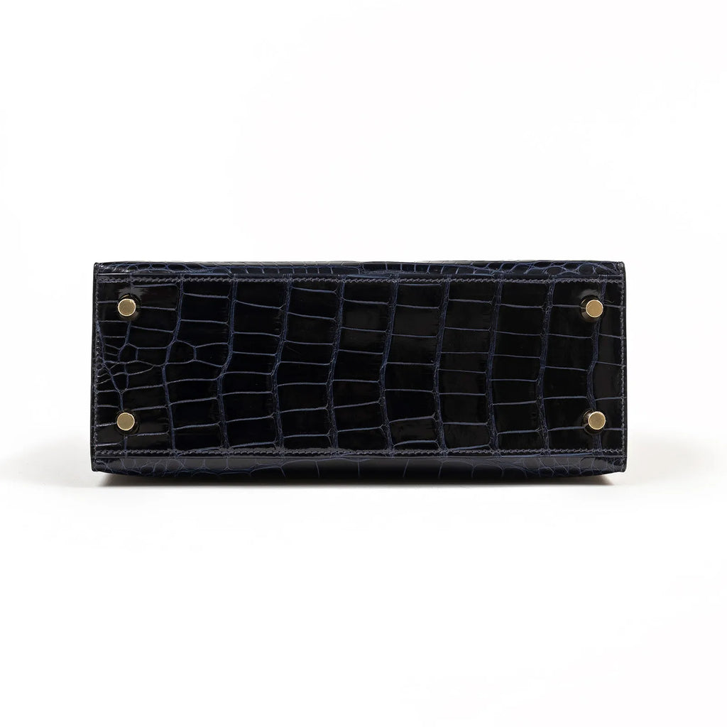 Hermès Kelly 25 Sellier Blue Marine Shiny Alligator Gold Hardware