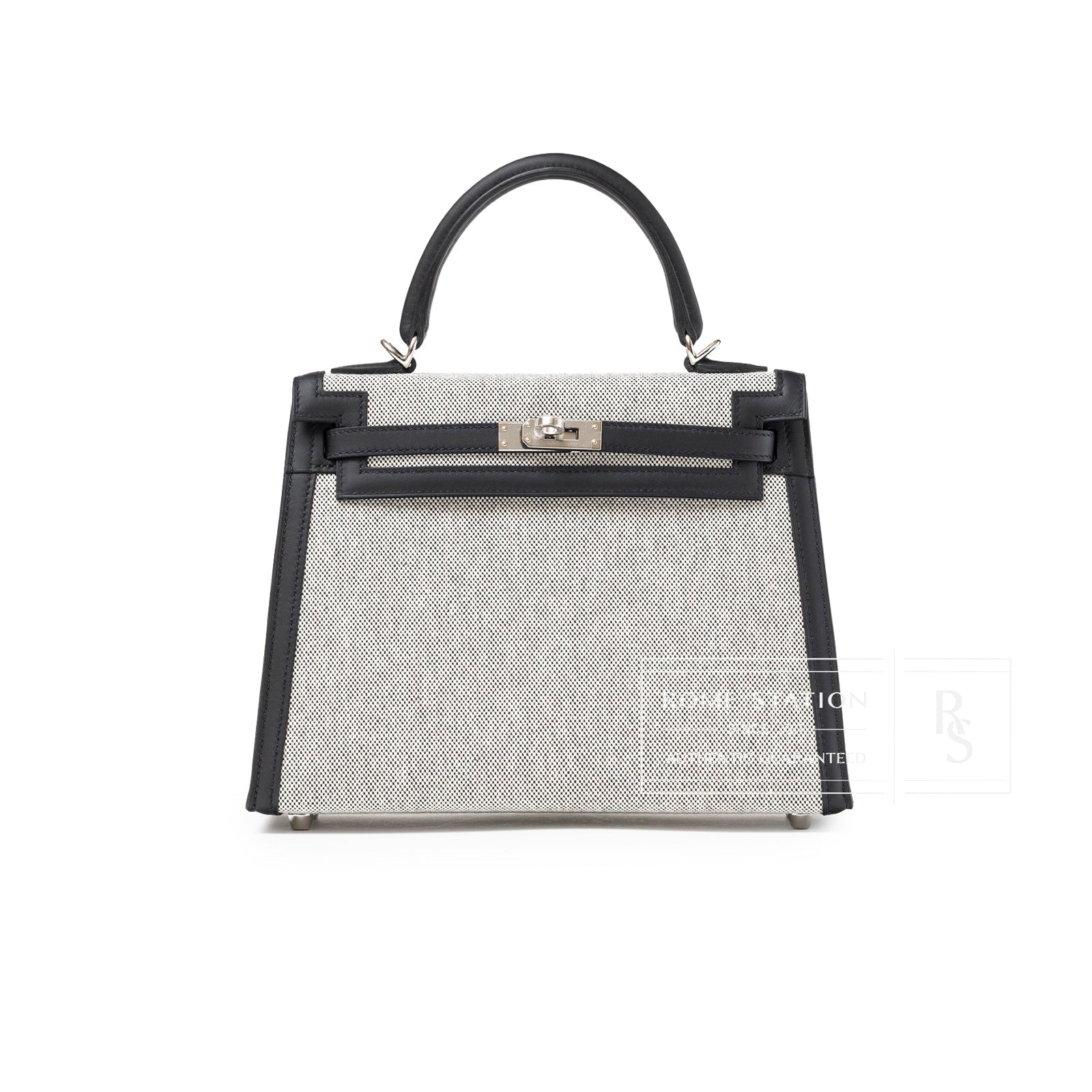 Hermès Kelly 25 Sellier Ecru Black Swift Toile H Canvas Swift Palladium Hardware