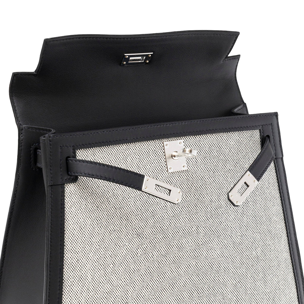 Hermès Kelly 25 Sellier Ecru Black Swift Toile H Canvas Swift Palladium Hardware