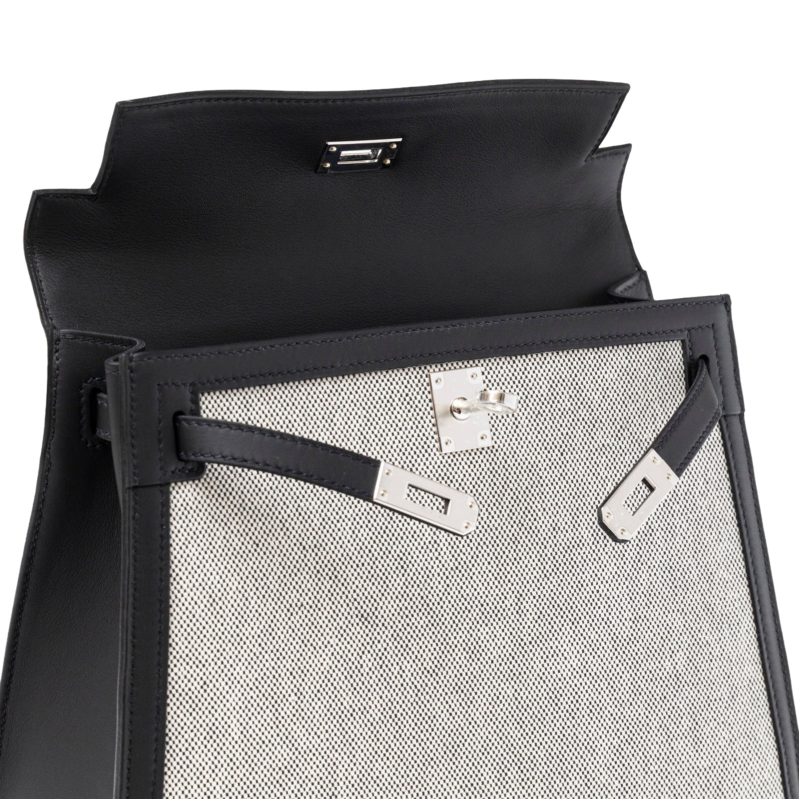 Hermès Kelly 25 Sellier Ecru Black Swift Toile H Canvas Swift Palladium Hardware