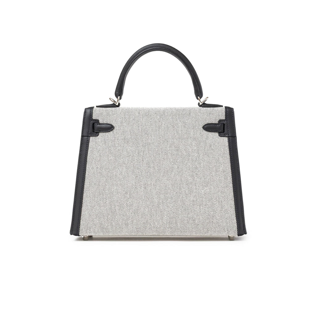 Hermès Kelly 25 Sellier Ecru Black Swift Toile H Canvas Swift Palladium Hardware