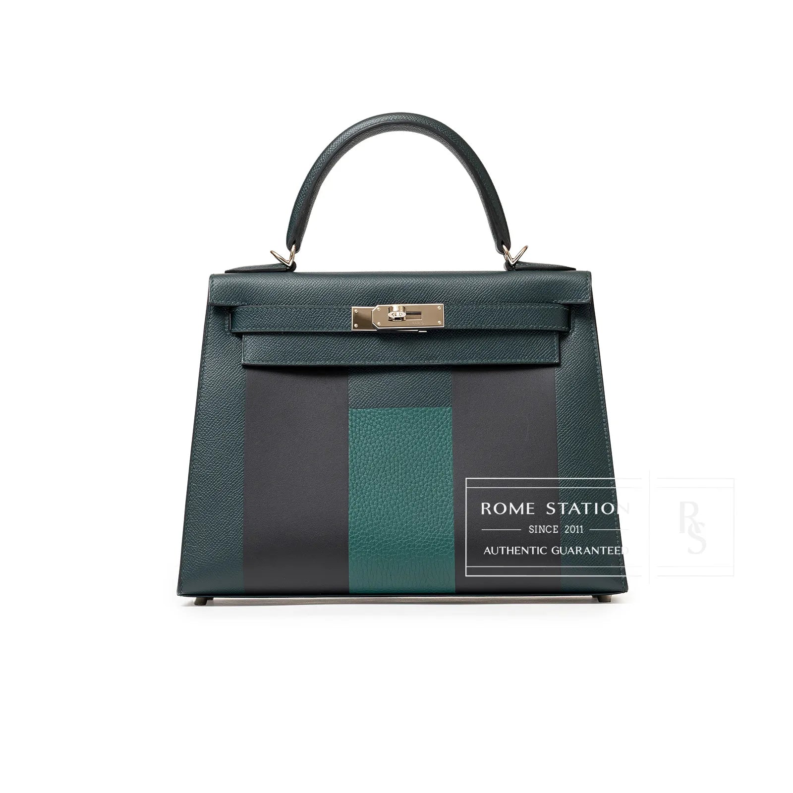 Hermès Kelly 28 Sellier Letter H Vert Cypress/Blue Obscur/Malachite Veau Epsom Palladium Hardware