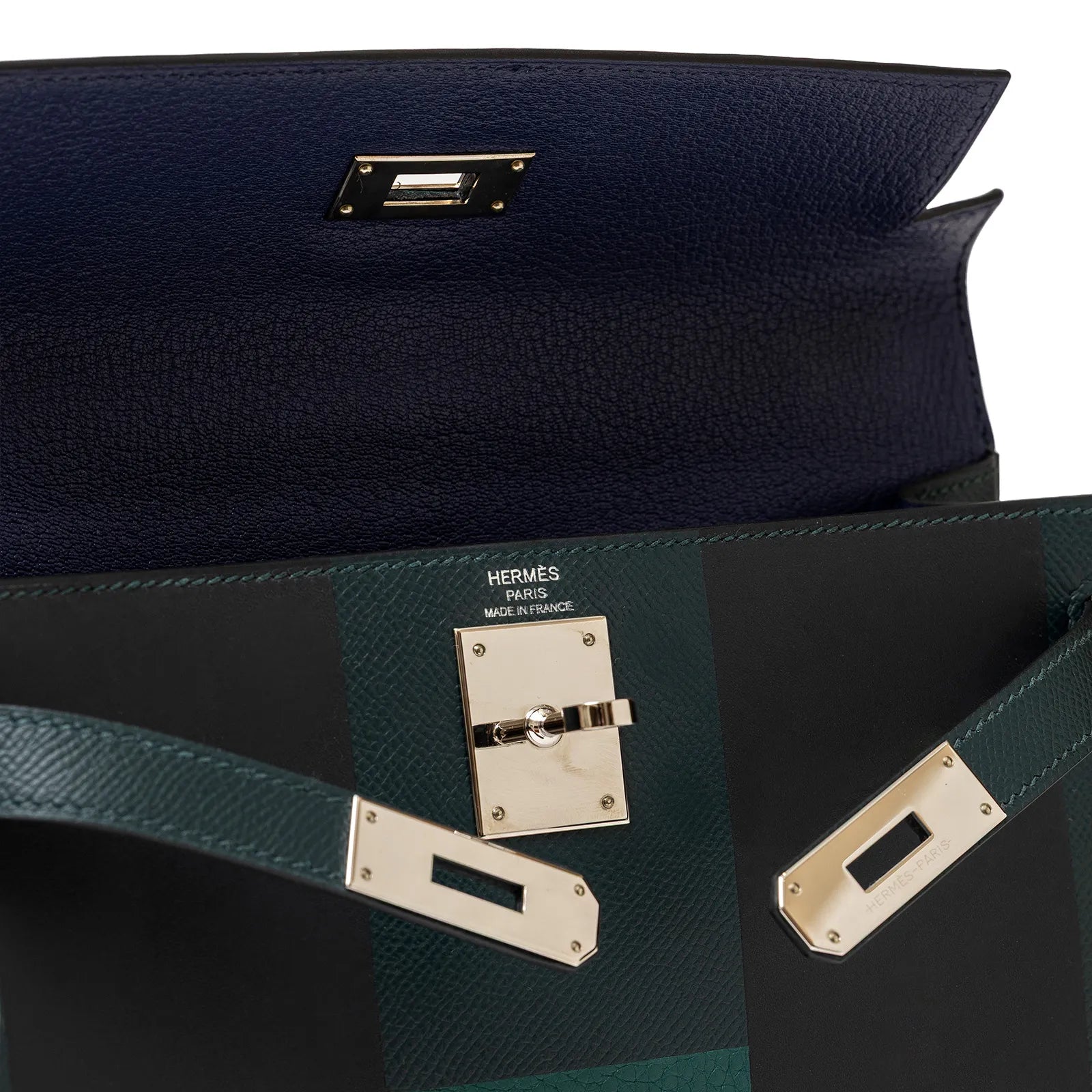 Hermès Kelly 28 Sellier Letter H Vert Cypress/Blue Obscur/Malachite Veau Epsom Palladium Hardware