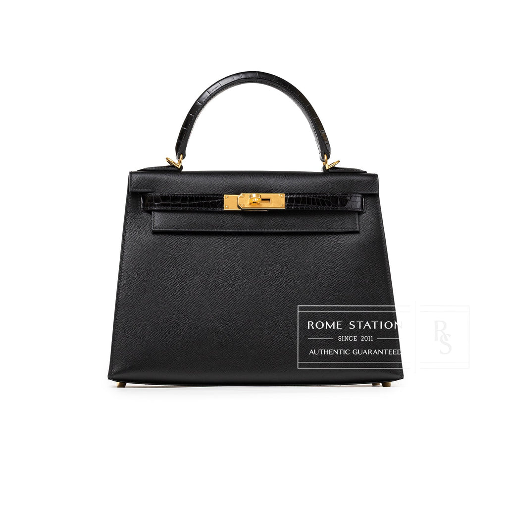 Hermès Kelly 28 Sellier Touch Black Madame Shiny Niloticus Crocodile Gold Hardware