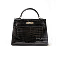 Hermès Kelly 32 Sellier Black Shiny Niloticus Crocodile Palladium Hardware