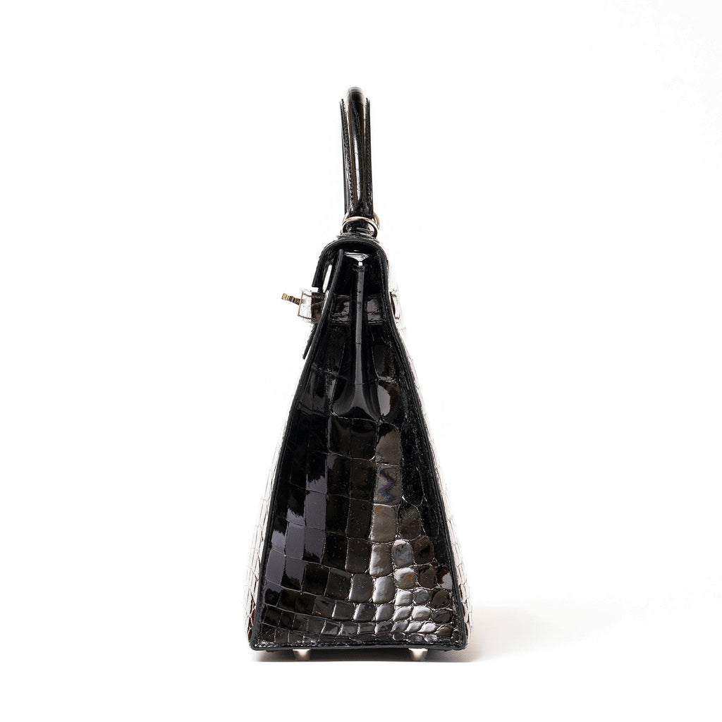 Hermès Kelly 32 Sellier Black Shiny Niloticus Crocodile Palladium Hardware