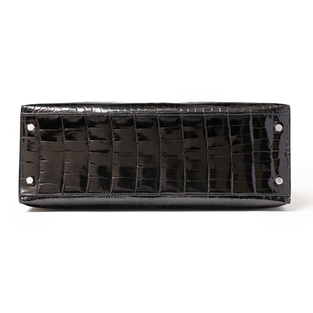 Hermès Kelly 32 Sellier Black Shiny Niloticus Crocodile Palladium Hardware