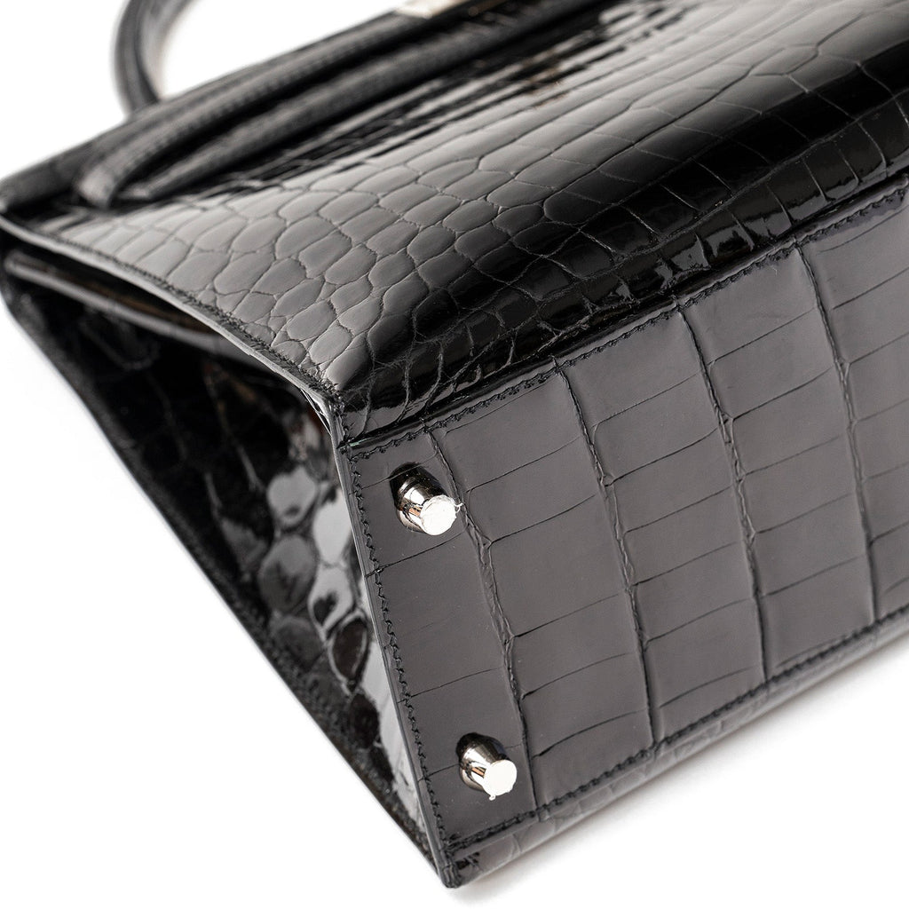 Hermès Kelly 32 Sellier Black Shiny Niloticus Crocodile Palladium Hardware