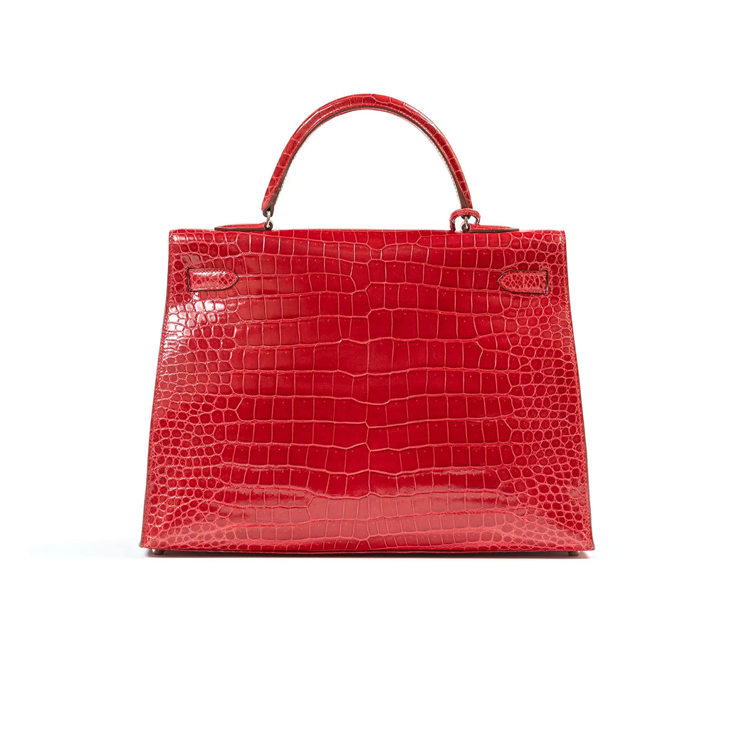 Hermès Kelly 35 Sellier Diamond Rouge Shiny Porosus Crocodile 18K White Gold