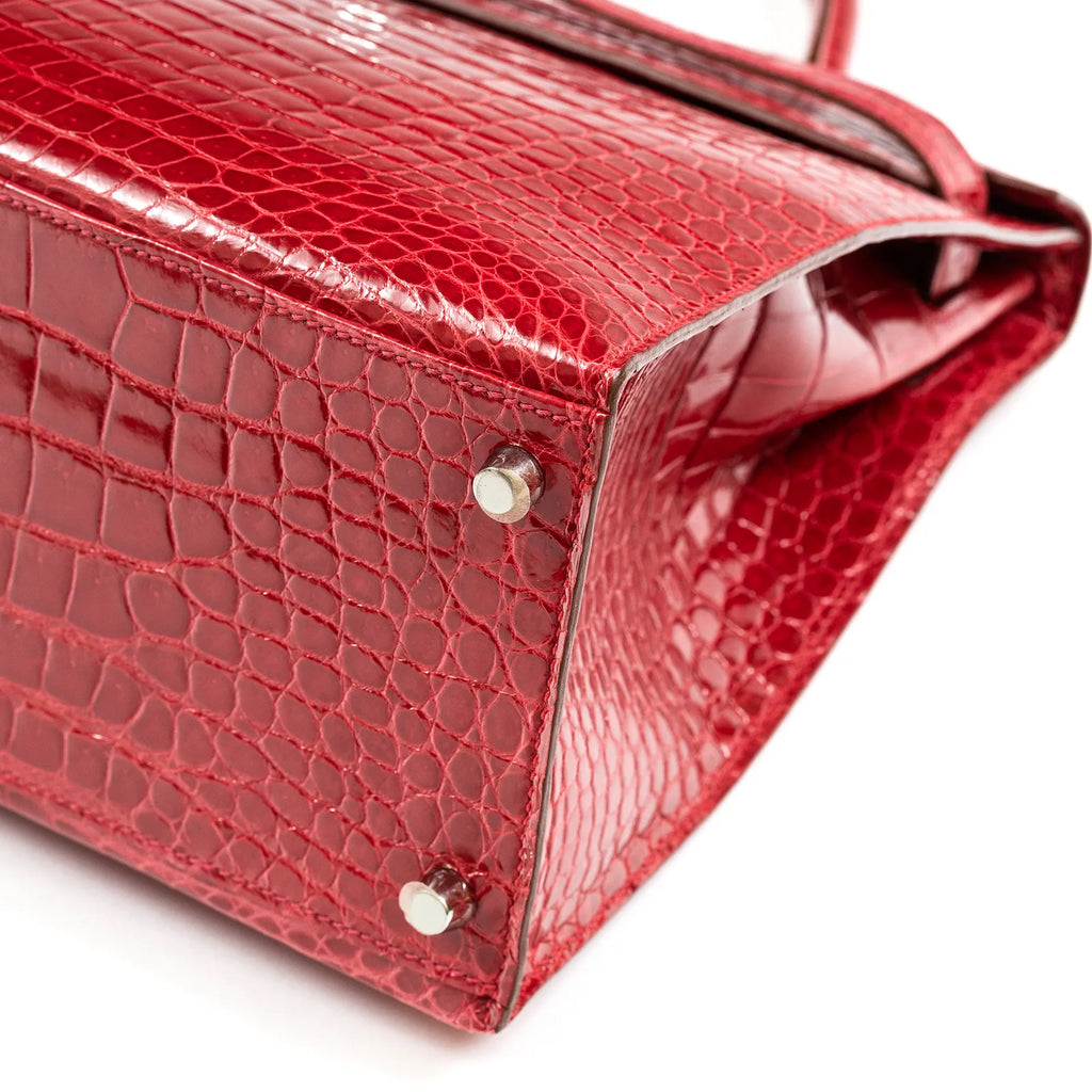 Hermès Kelly 35 Sellier Diamond Rouge Shiny Porosus Crocodile 18K White Gold