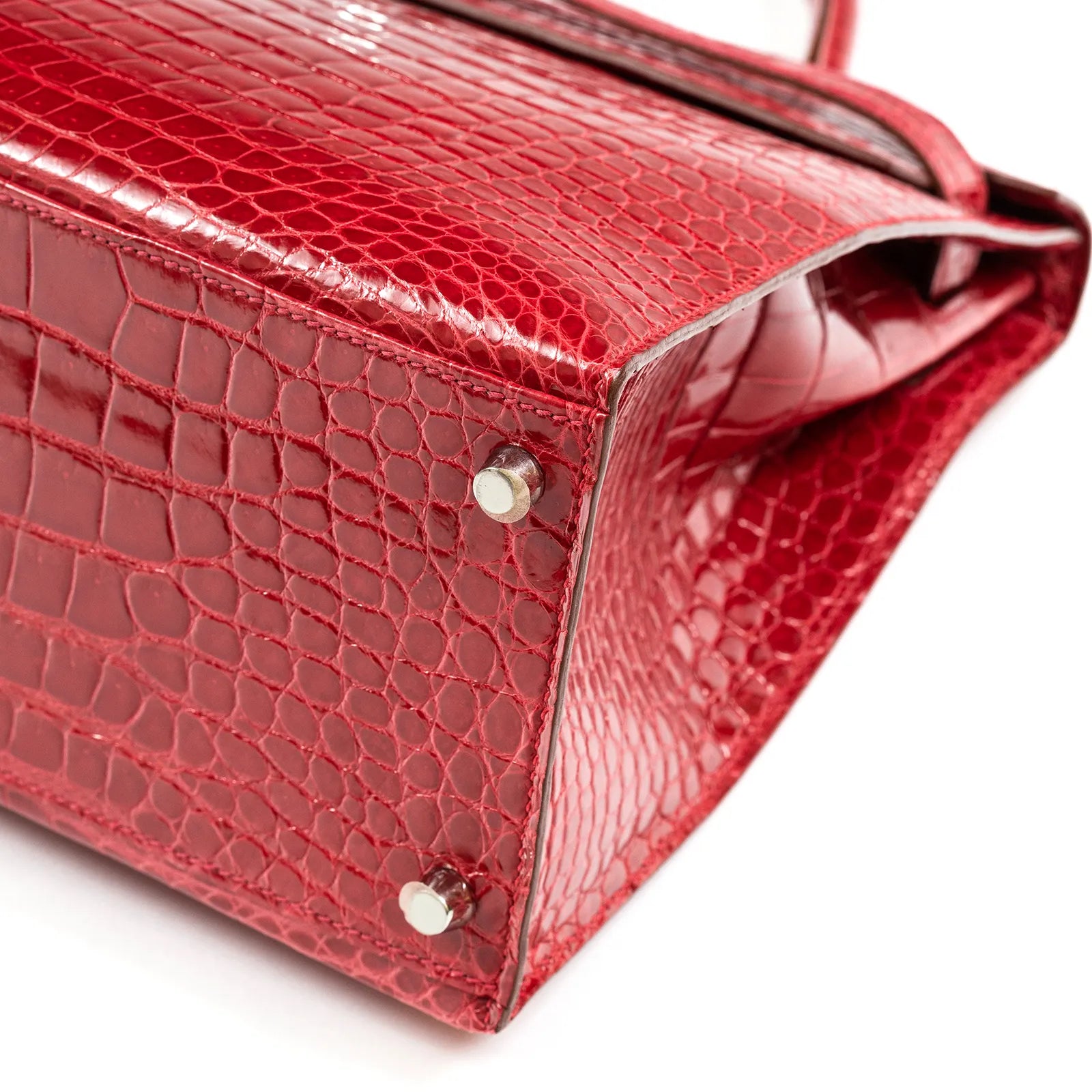 Hermès Kelly 35 Sellier Diamond Rouge Shiny Porosus Crocodile 18K White Gold