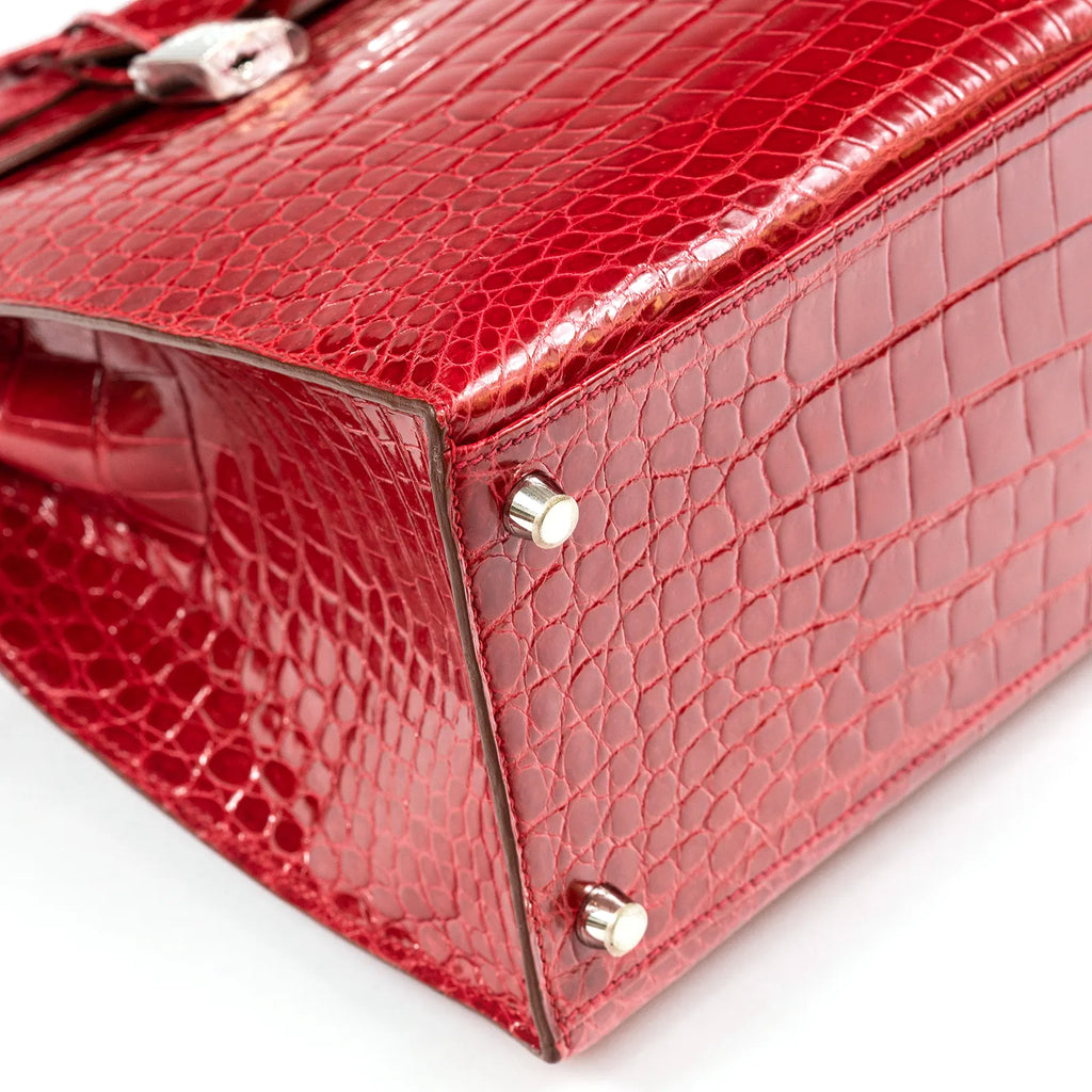 Hermès Kelly 35 Sellier Diamond Rouge Shiny Porosus Crocodile 18K White Gold