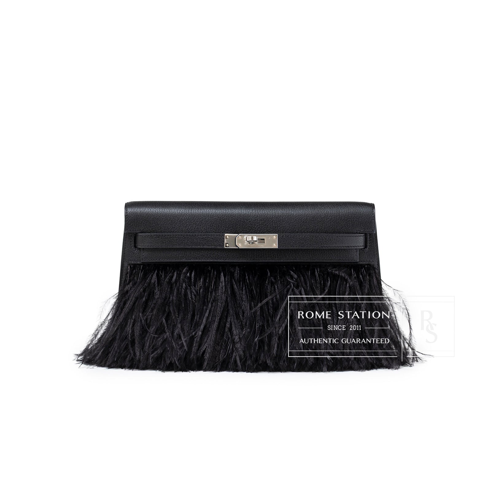 Hermès Kelly Elan Black Chevre Chamkila and Ostrich Feather Palladium Hardware