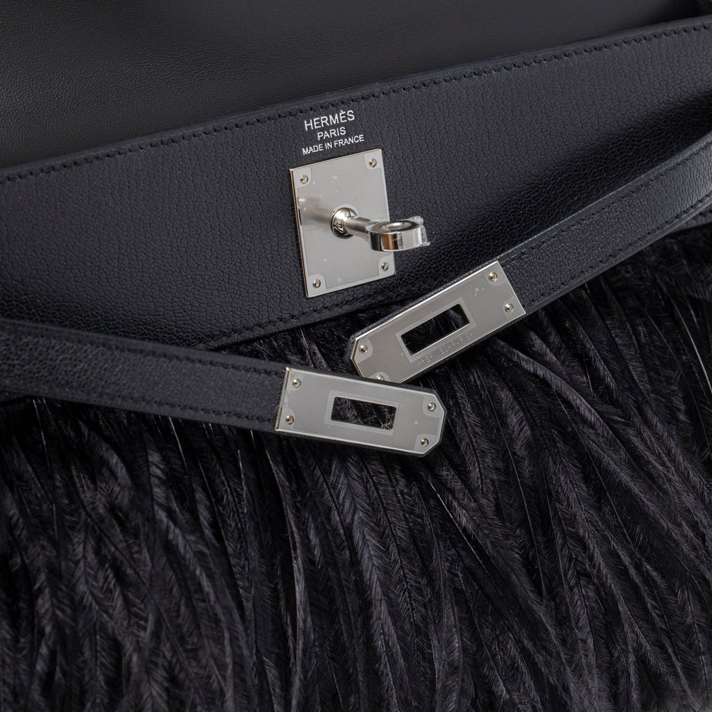 Hermès Kelly Elan Black Chevre Chamkila and Ostrich Feather Palladium Hardware