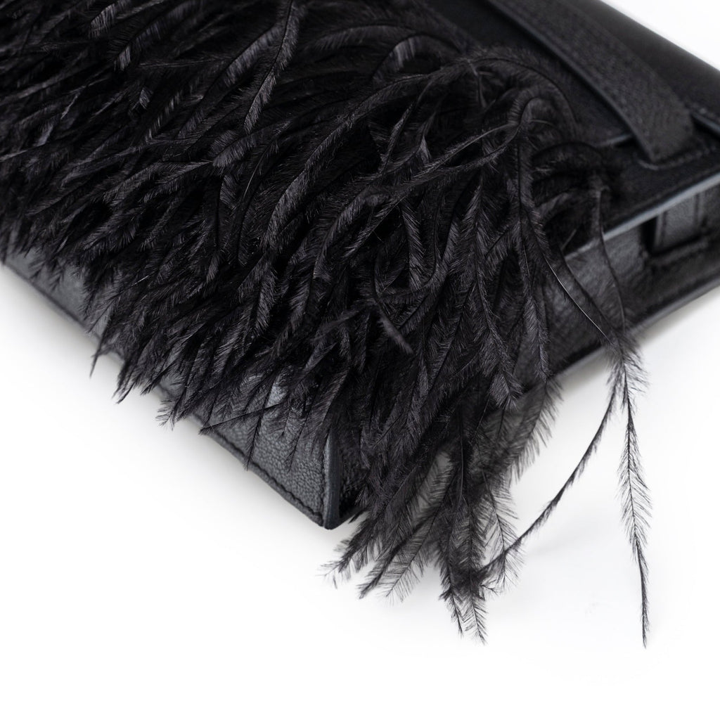 Hermès Kelly Elan Black Chevre Chamkila and Ostrich Feather Palladium Hardware