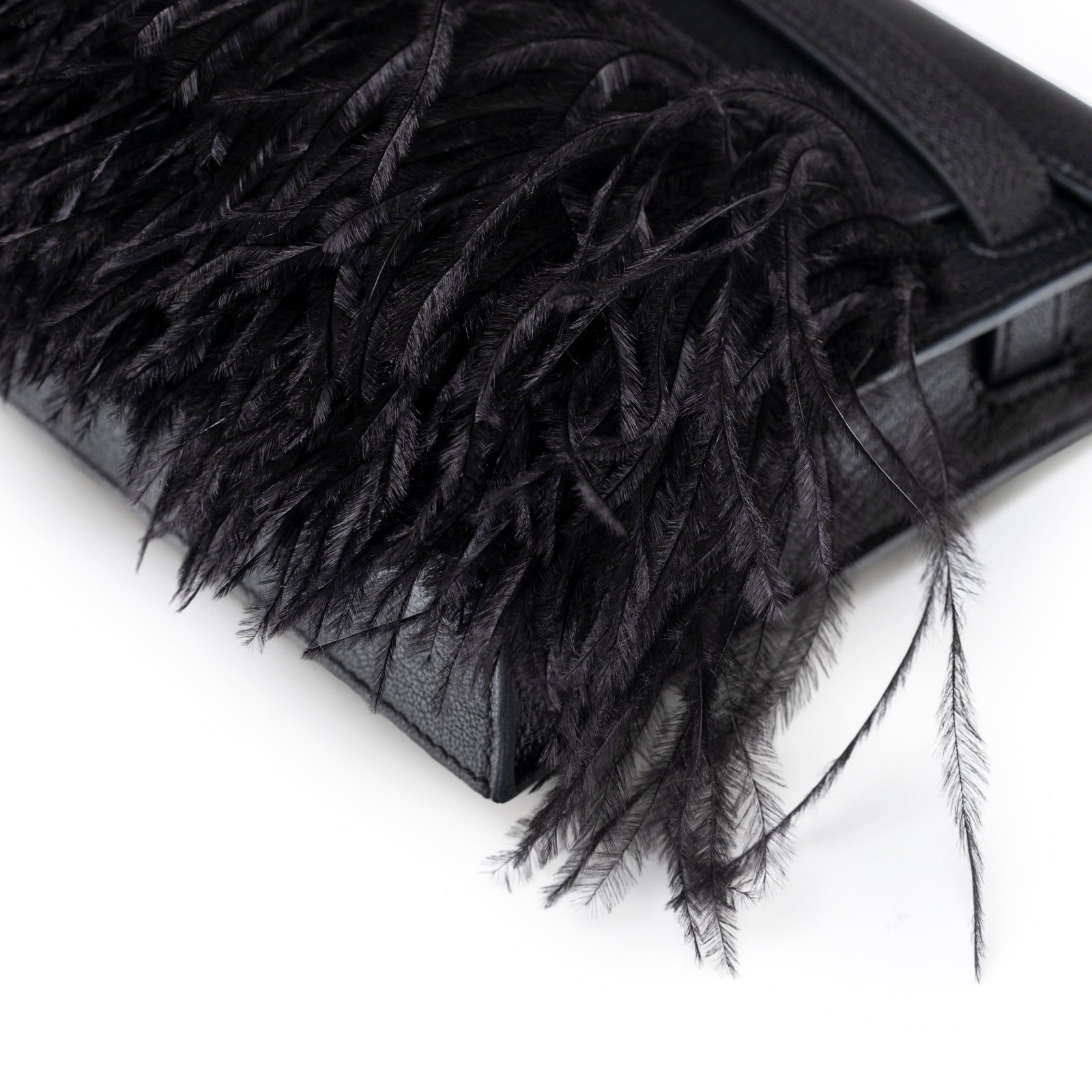 Hermès Kelly Elan Black Chevre Chamkila and Ostrich Feather Palladium Hardware
