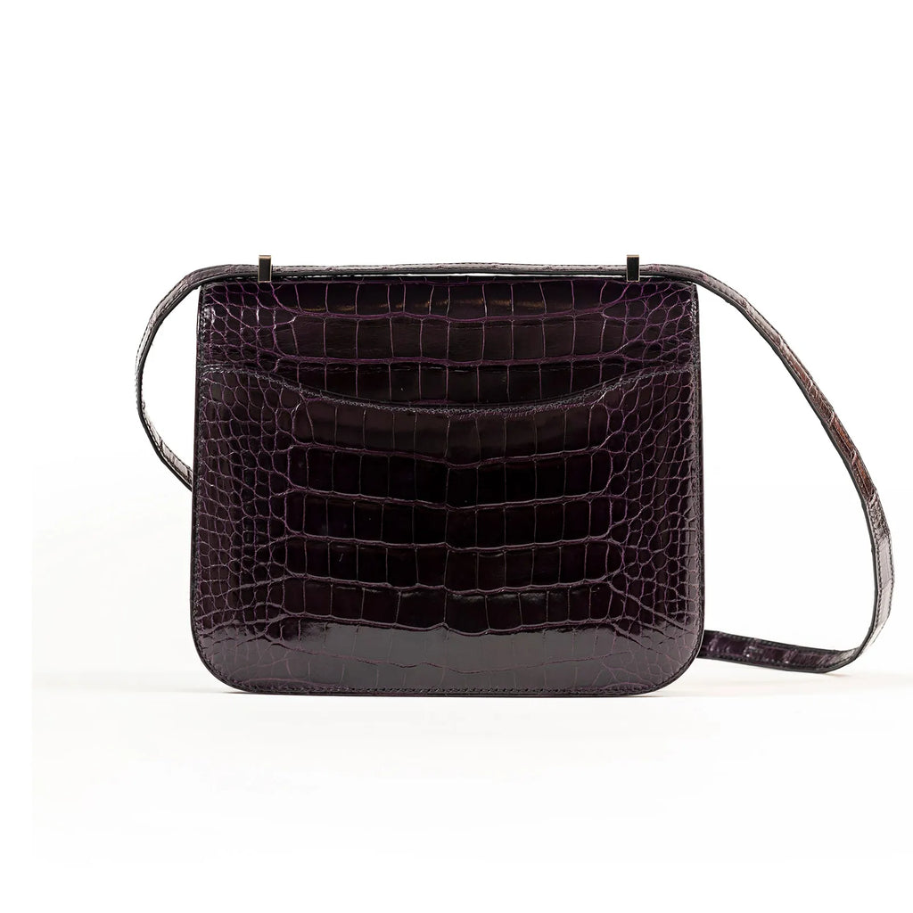 Hermès Mini Constance 18 Aubergine Purple Shiny Alligator Palladium Hardware
