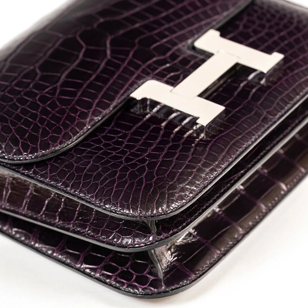 Hermès Mini Constance 18 Aubergine Purple Shiny Alligator Palladium Hardware