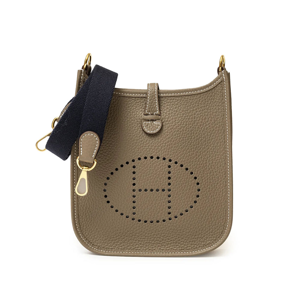 Hermès Mini Evelyne Etoupe Blue Indigo Clemence Gold Hardware