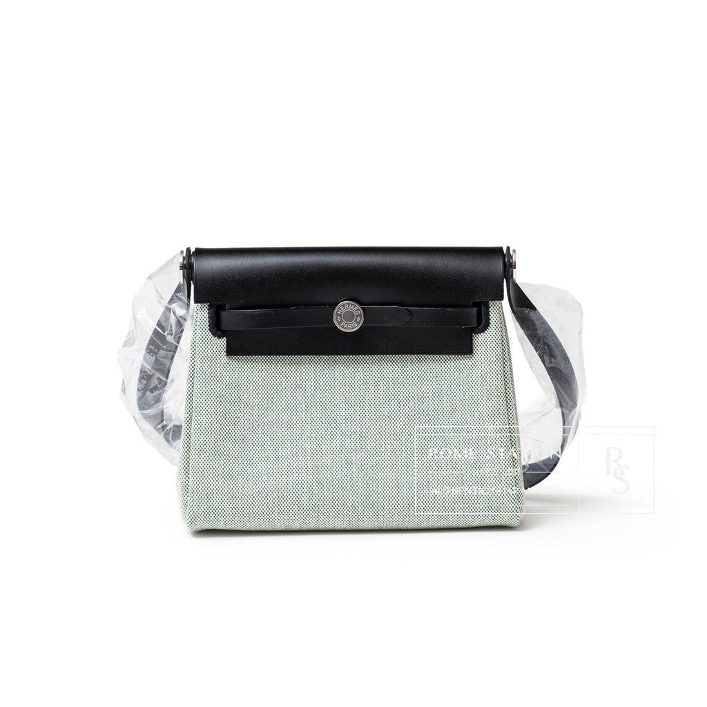 Hermès Mini Herbag Zip 20 Black Ecru/Vert Moyen Toile Palladium Hardware