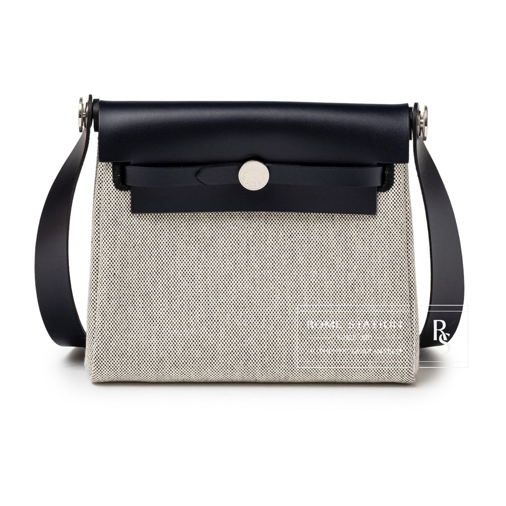Hermès Mini Herbag Zip 20 Ecru-Black Blue Indigo Toile and Vache Hunter Palladium Hardware