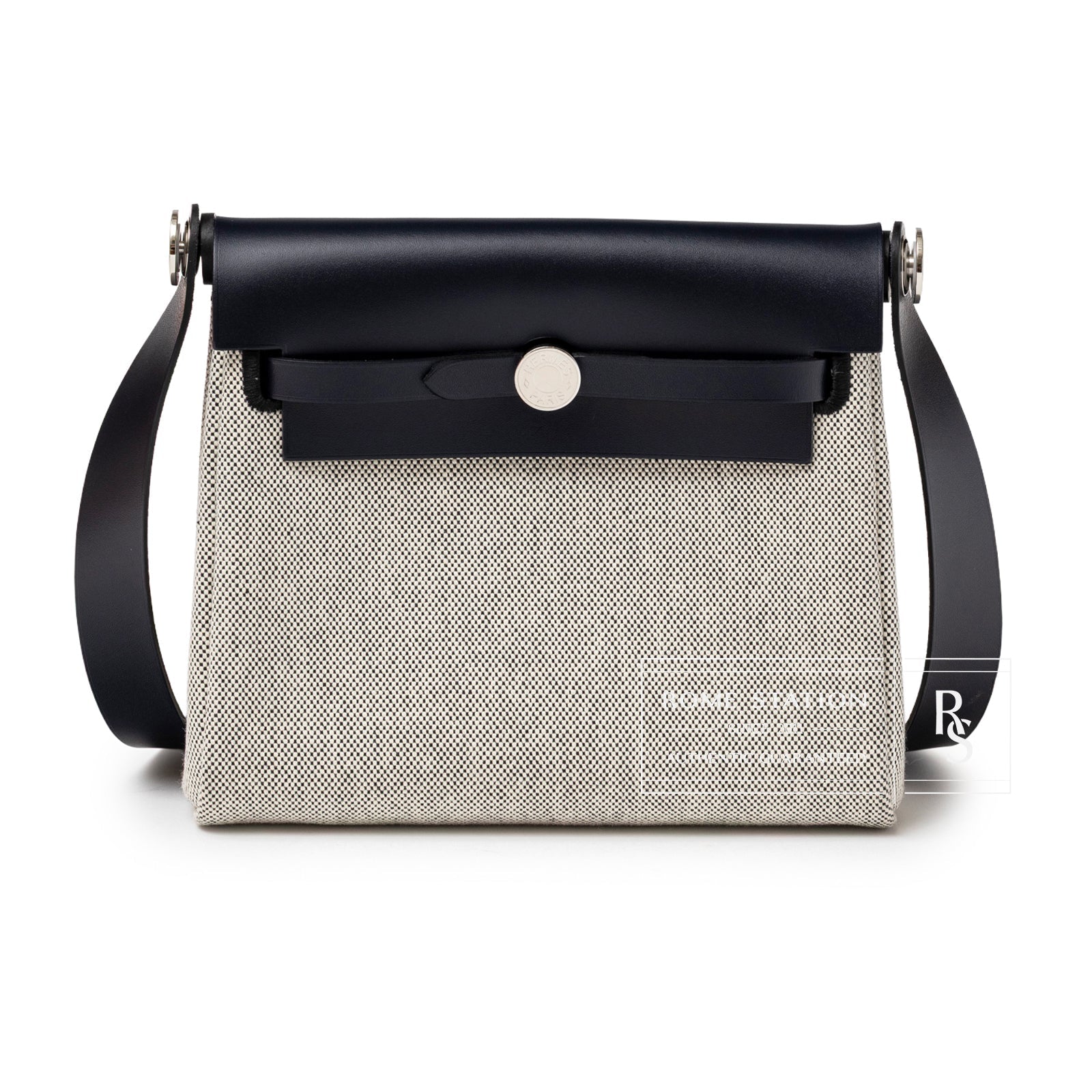 Hermès Mini Herbag Zip 20 Ecru-Black Blue Indigo Toile and Vache Hunter Palladium Hardware
