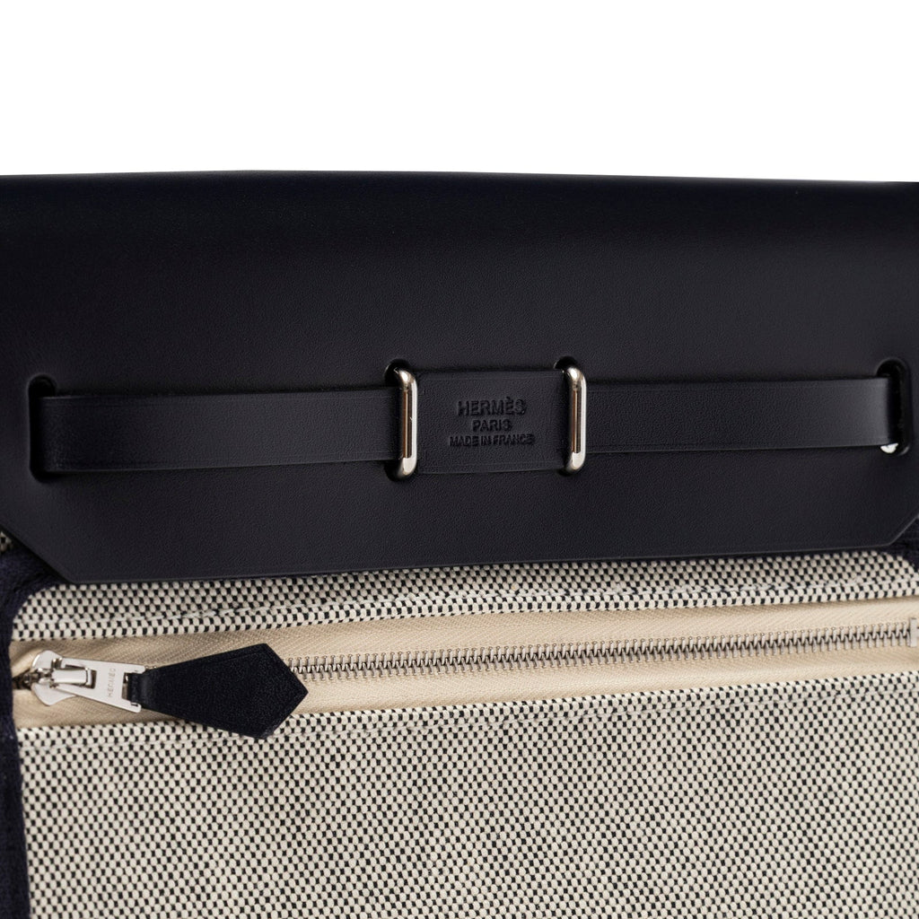 Hermès Mini Herbag Zip 20 Ecru-Black Blue Indigo Toile and Vache Hunter Palladium Hardware