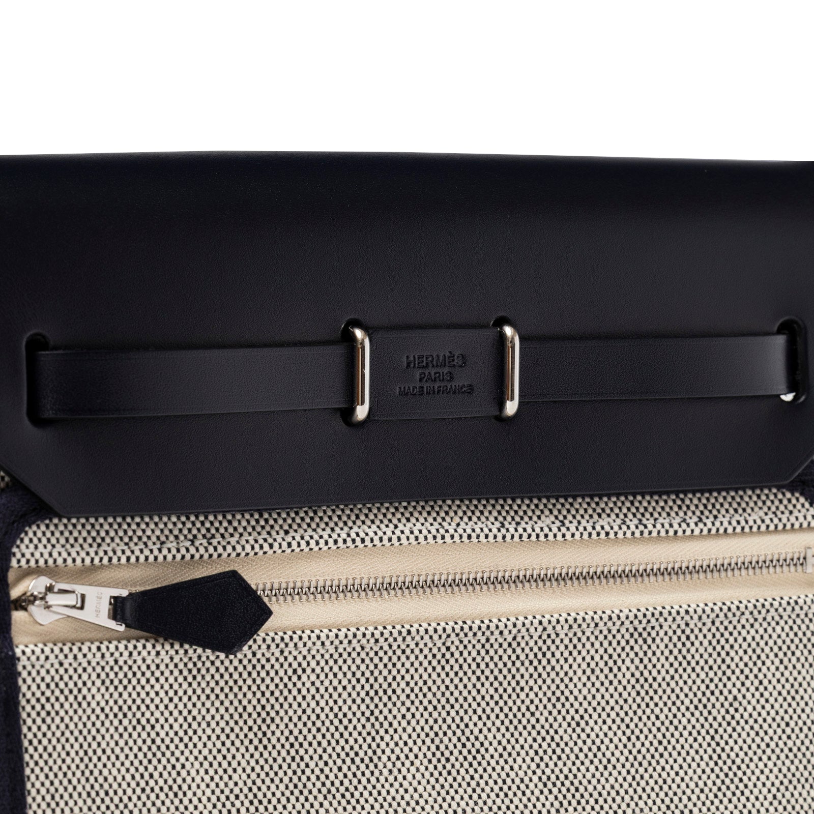 Hermès Mini Herbag Zip 20 Ecru-Black Blue Indigo Toile and Vache Hunter Palladium Hardware