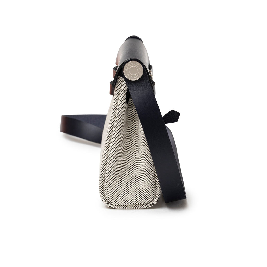 Hermès Mini Herbag Zip 20 Ecru-Black Blue Indigo Toile and Vache Hunter Palladium Hardware