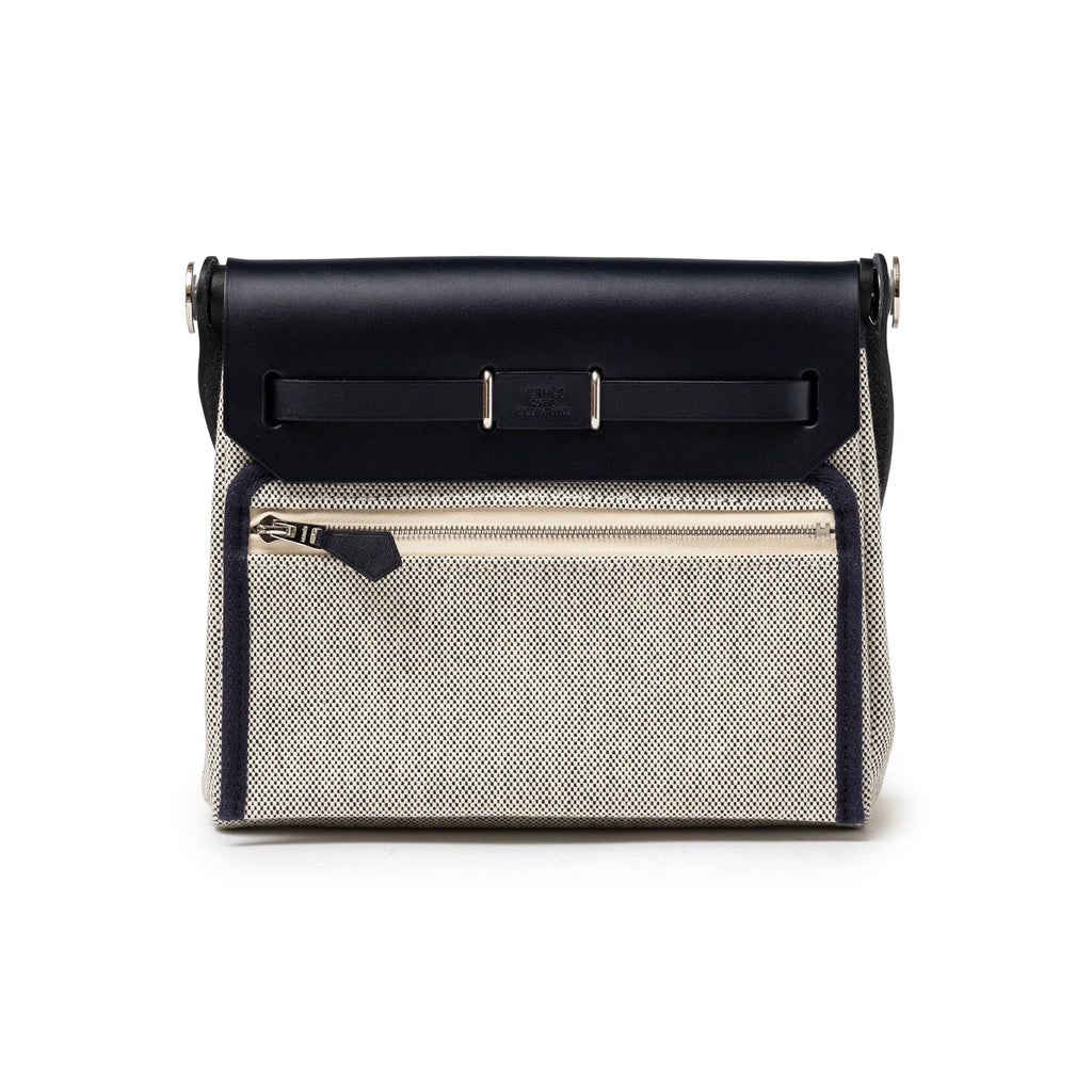 Hermès Mini Herbag Zip 20 Ecru-Black Blue Indigo Toile and Vache Hunter Palladium Hardware