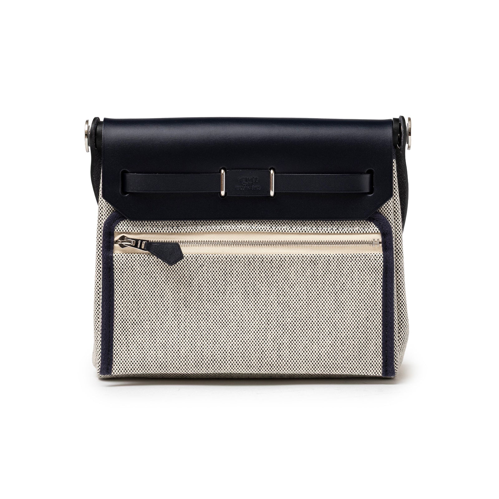 Hermès Mini Herbag Zip 20 Ecru-Black Blue Indigo Toile and Vache Hunter Palladium Hardware