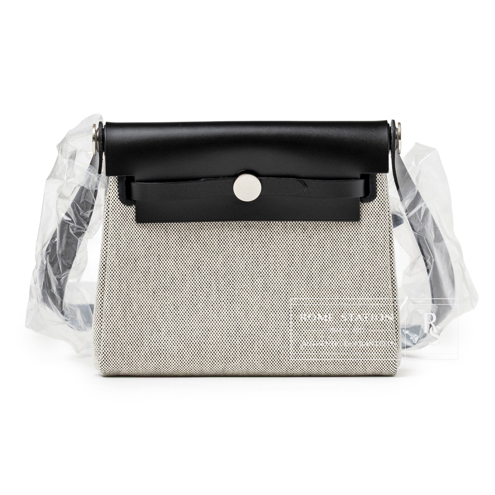 Hermès Mini Herbag Zip 20 Ecru-Black Toile and Vache Hunter Palladium Hardware