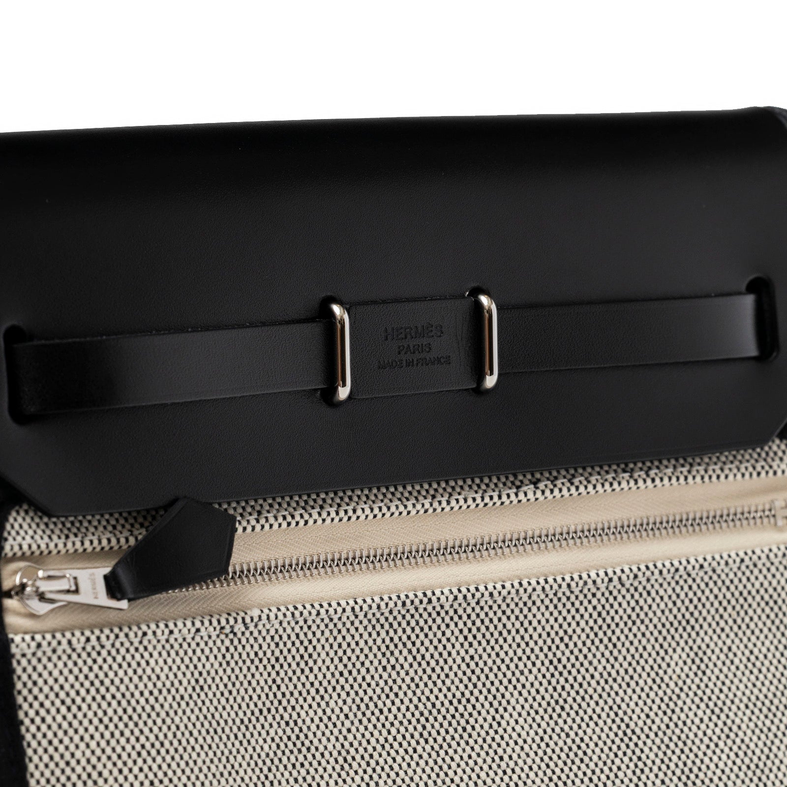 Hermès Mini Herbag Zip 20 Ecru-Black Toile and Vache Hunter Palladium Hardware