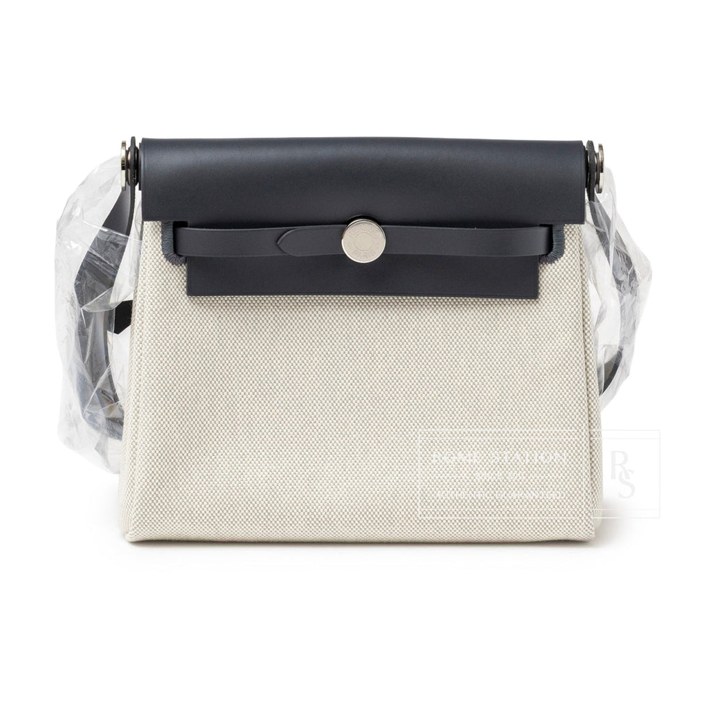 Hermès Mini Herbag Zip 20 Ecru-Blue Glacier/Ardoise Toile and Vache Hunter Palladium Hardware