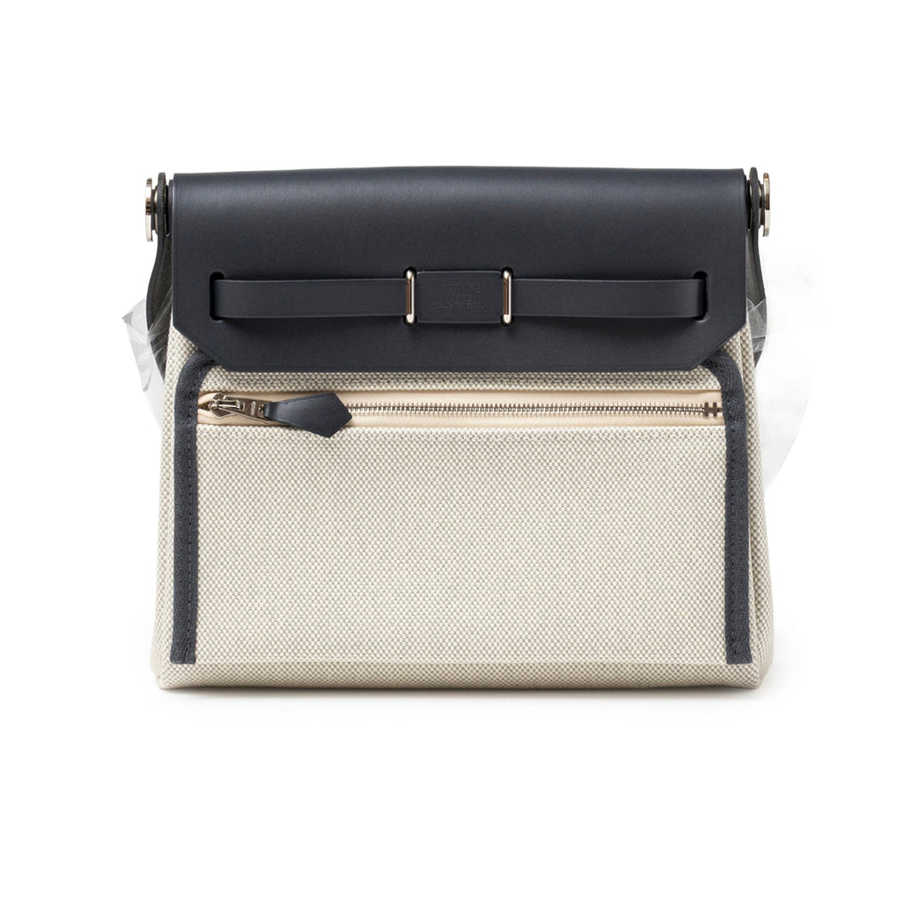 Hermès Mini Herbag Zip 20 Ecru-Blue Glacier/Ardoise Toile and Vache Hunter Palladium Hardware