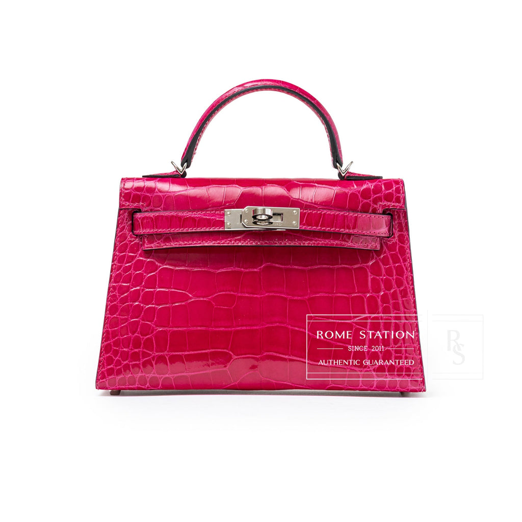 Hermès Mini Kelly II Sellier 20 Rose Mexico Shiny Alligator Palladium Hardware