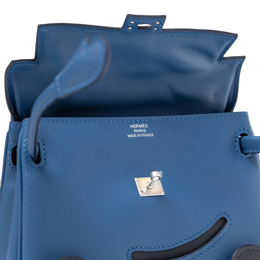 Hermès Quelle Idolle Kelly Doll Blue Tie and Caban Swift Palladium Hardware
