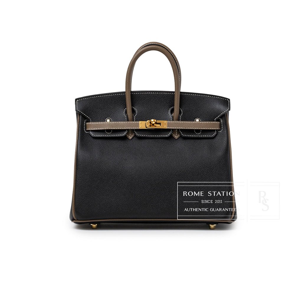 Hermès Special Order HSS Horseshoe Birkin 25 Black/Etoupe Epsom Gold Hardware