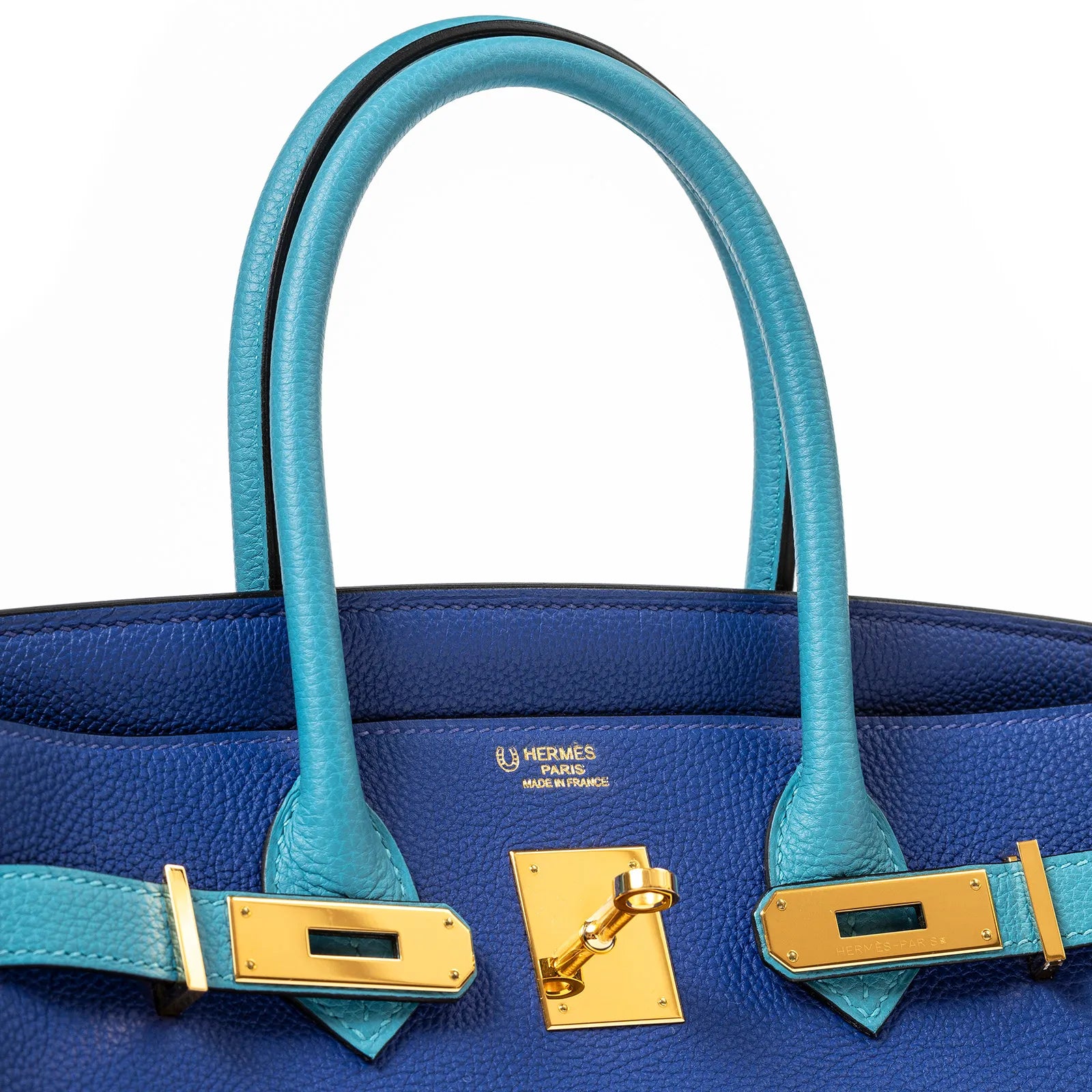 Hermès Special Order HSS Horseshoe Birkin 30 Blue Electric and Blue Turquoise Togo Gold Hardware